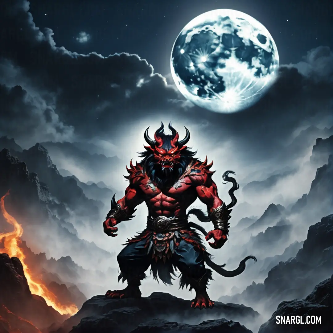 Oni standing on a rock in front of a full moon and clouds