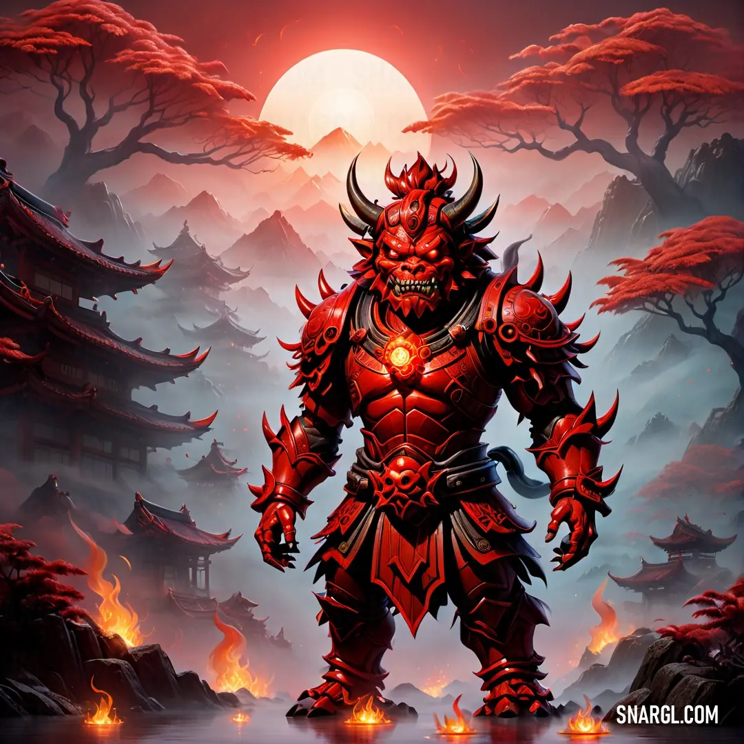 Demonic Oni standing in front of a full moon and a forest of red trees and bushes