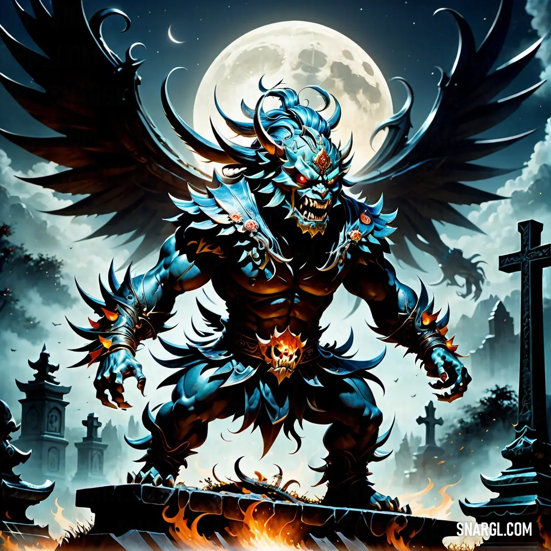Demonic Oni standing in front of a cemetery with a full moon in the background