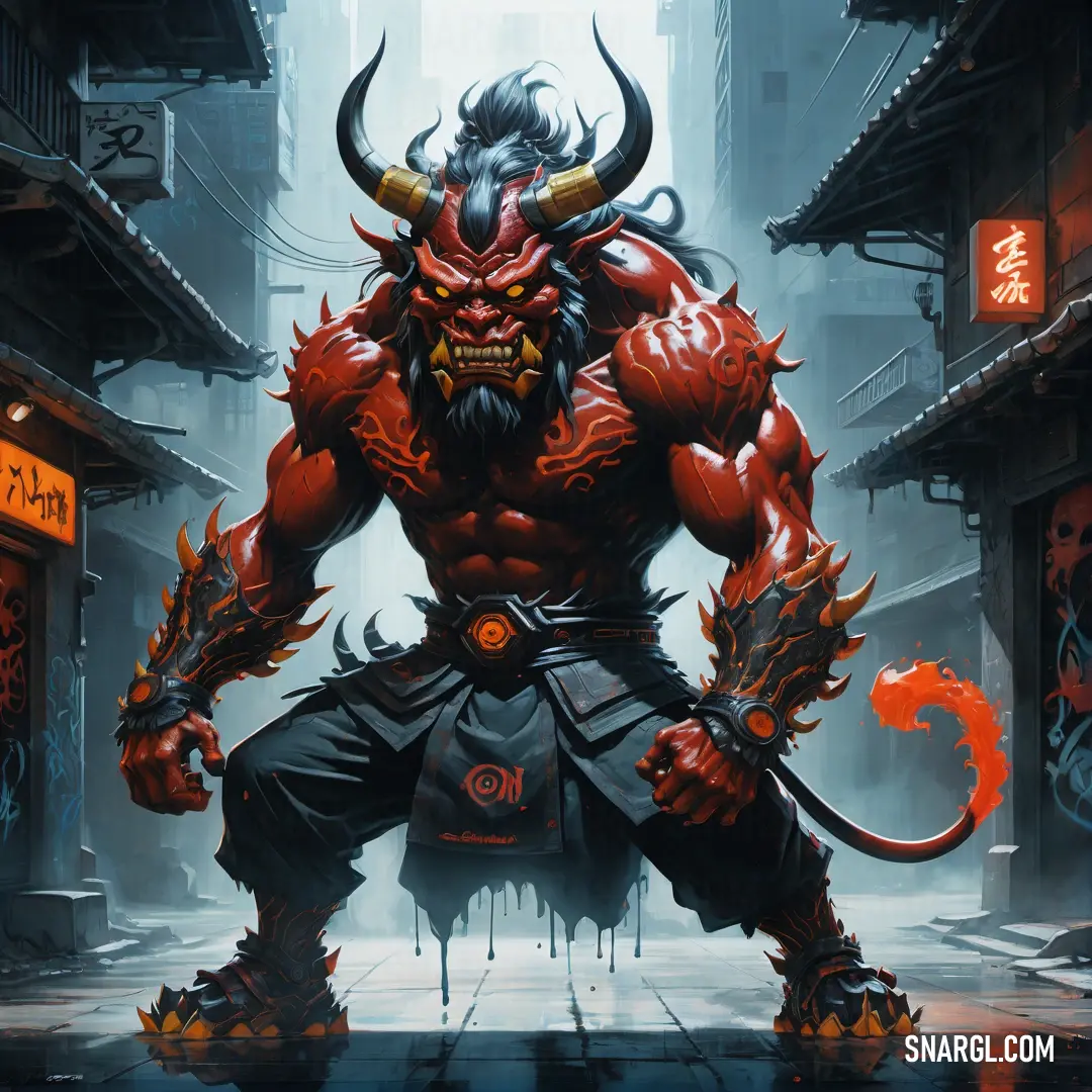 Demonic Oni with horns and a huge head is standing in a city street with buildings and signs on it