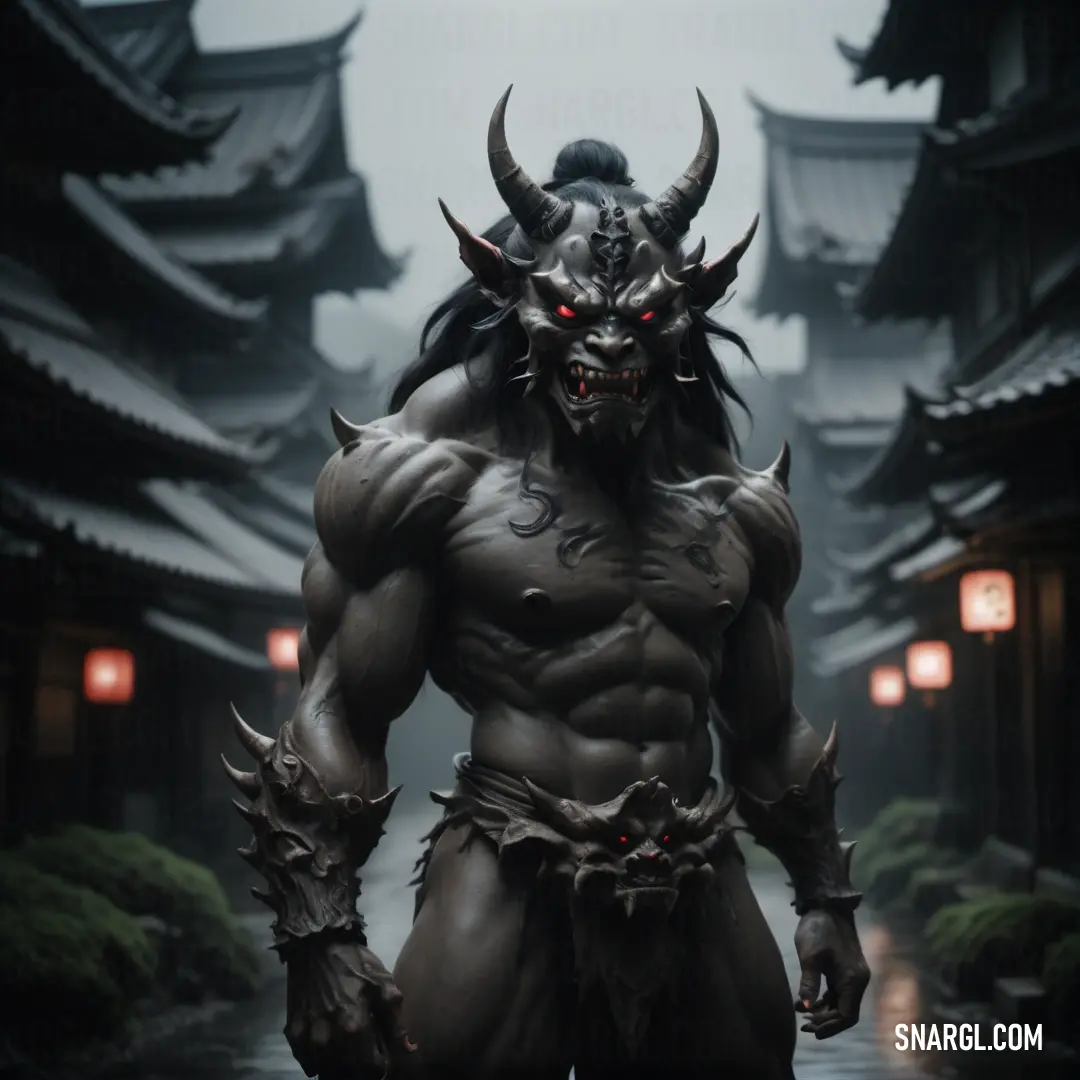 Demonic Oni with horns and horns on his head walking through a street in front of a building with lanterns