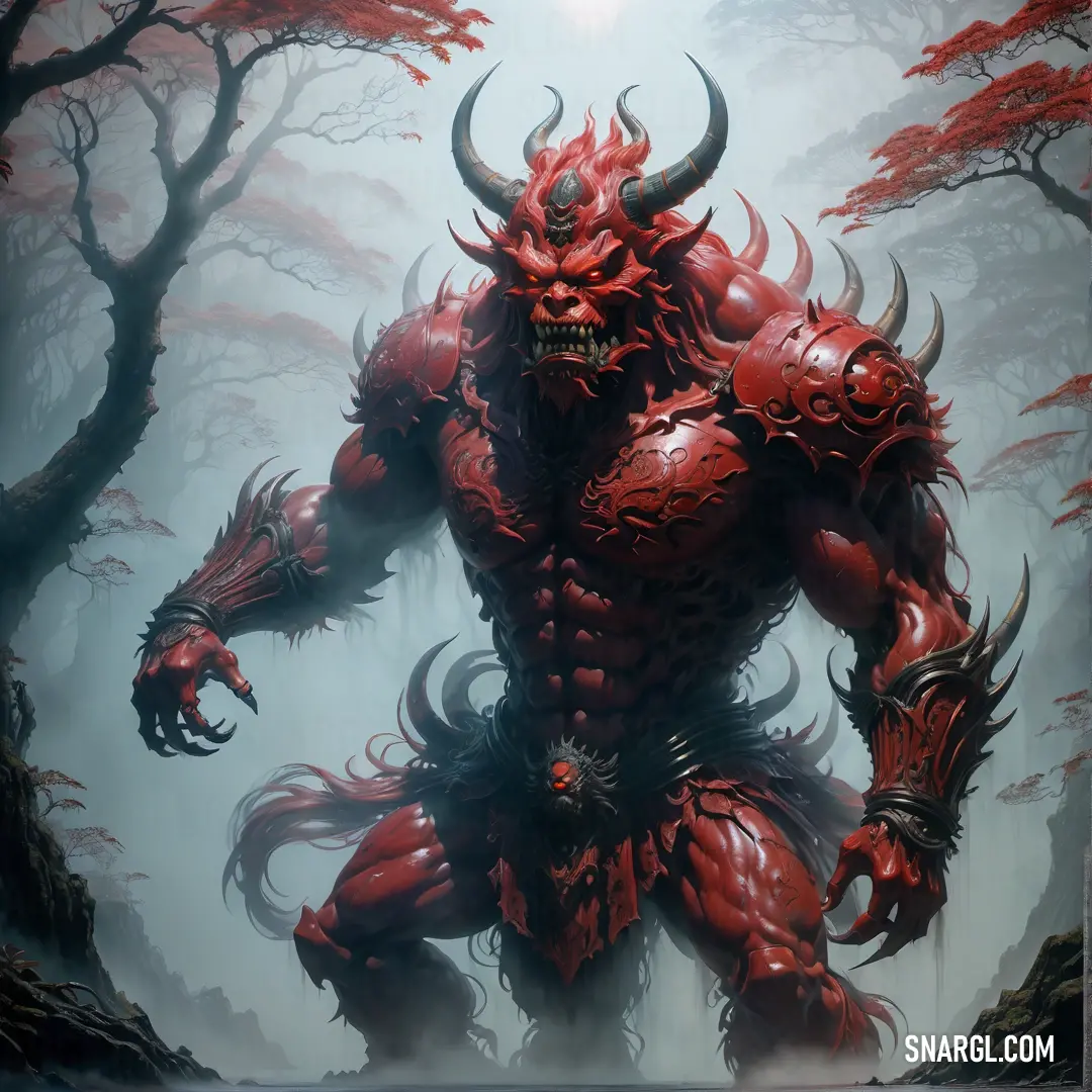 Demonic Oni with horns and horns on his face is standing in a forest with red leaves and trees