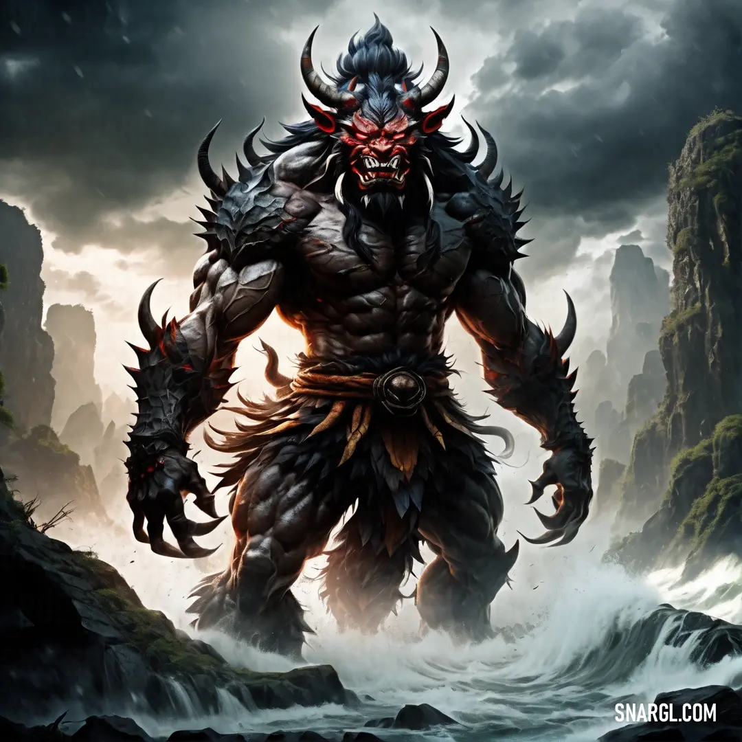 Demonic looking Oni standing in a river with a demon like face on it's chest and arms