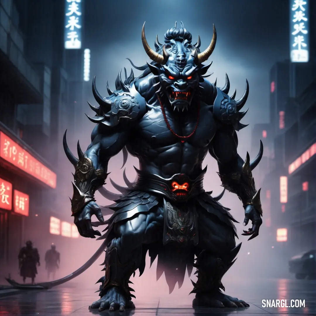 Demonic looking Oni standing in a city at night with a Oni like face and horns on his head