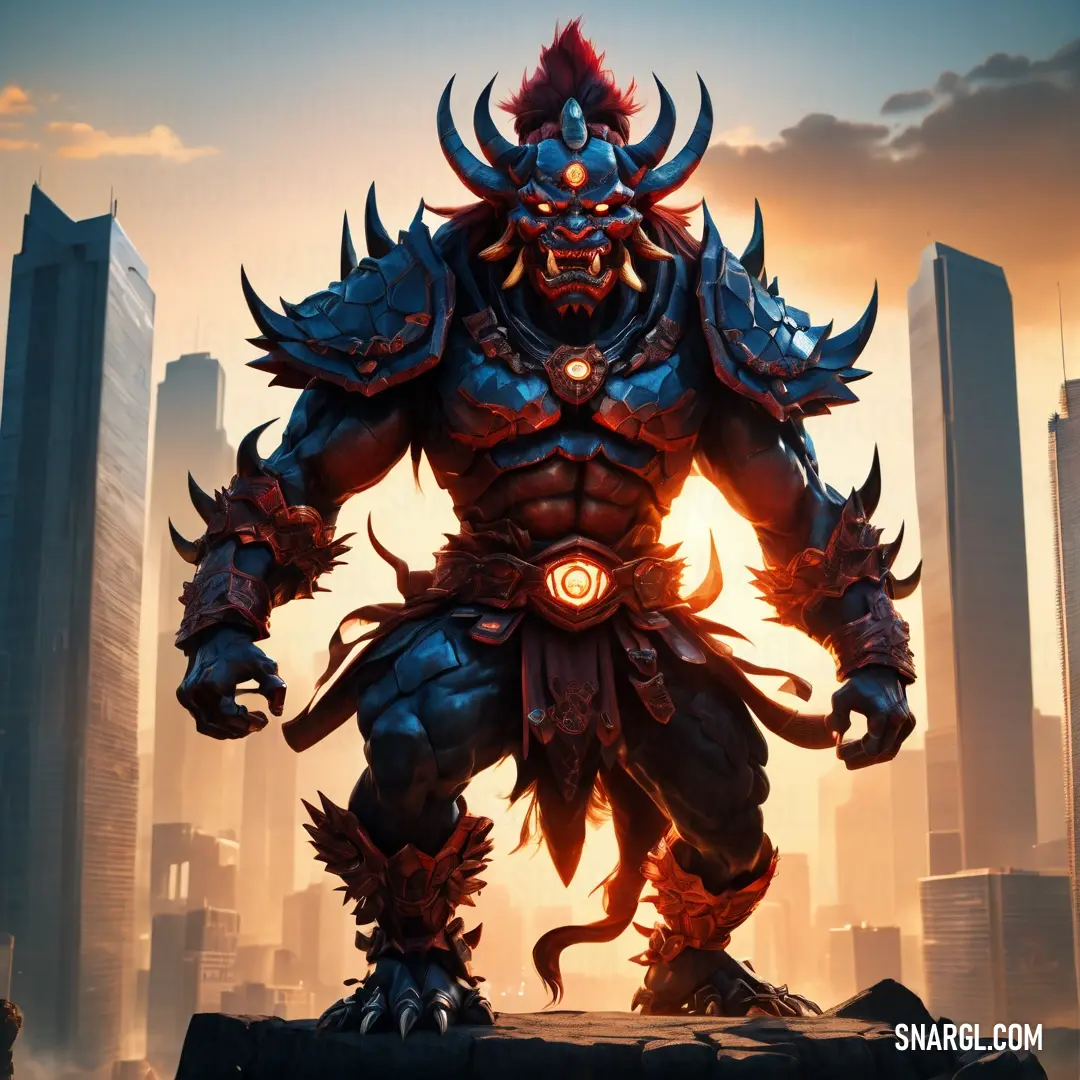 Demonic looking man standing in front of a city skyline with a giant demon like Oni on his chest