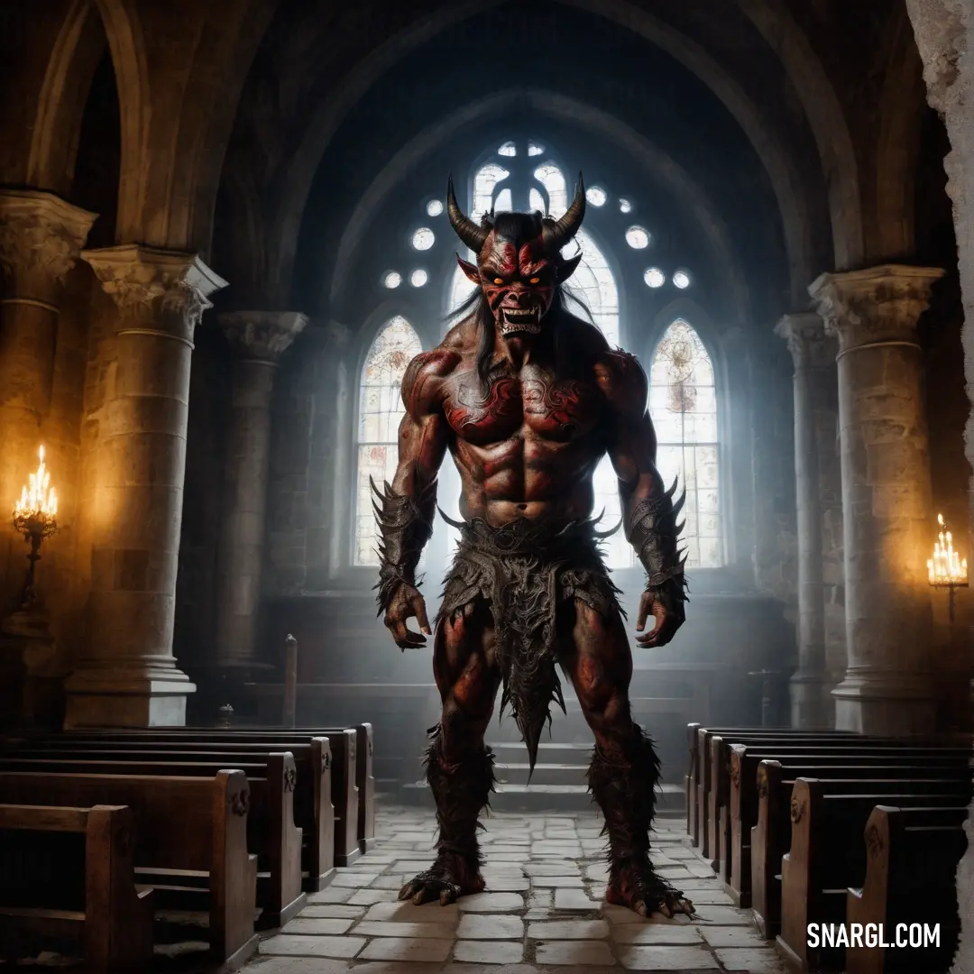 Demonic looking man standing in a church with a Oni like costume on his body and head