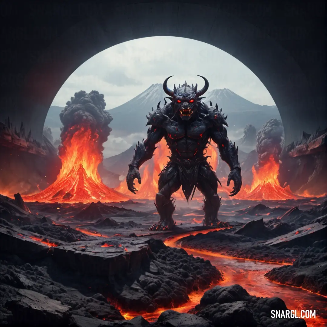 Demonic looking Oni standing in a lava covered area with lava and lavas in the background
