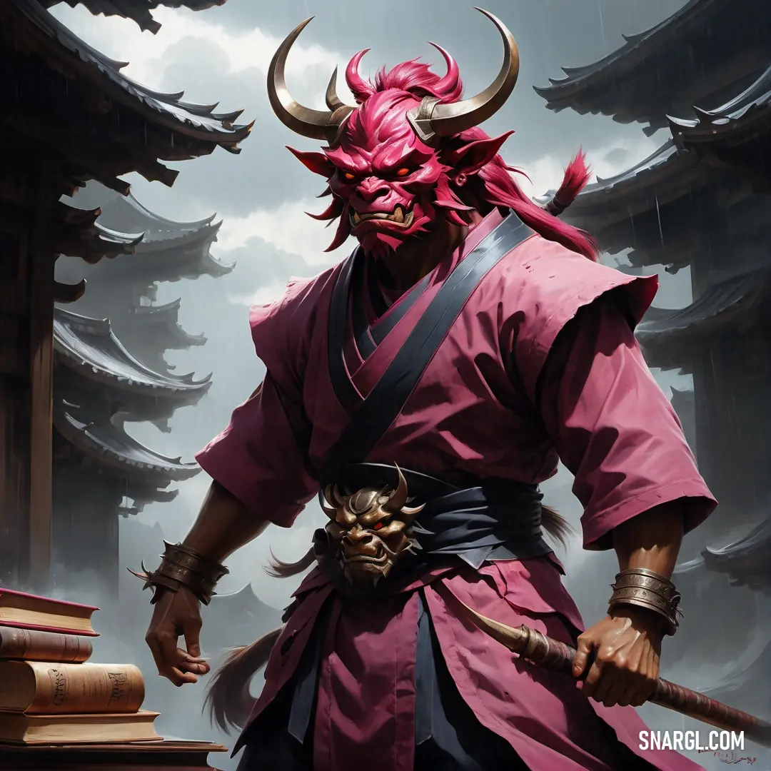 Oni in a red costume with horns and a sword in his hand