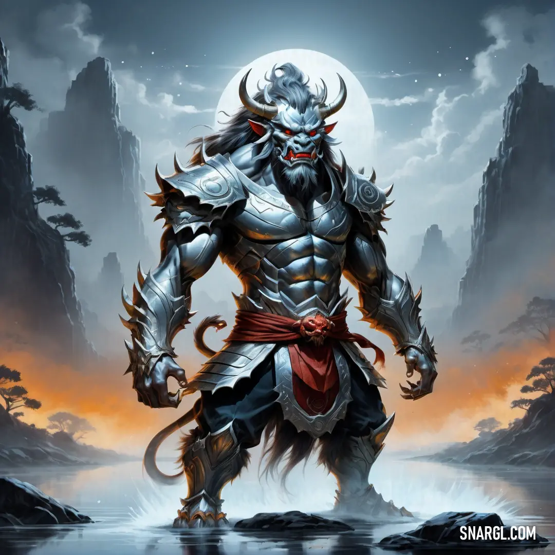 Oni with a horned face and a red belt standing in front of a lake with a full moon in the background