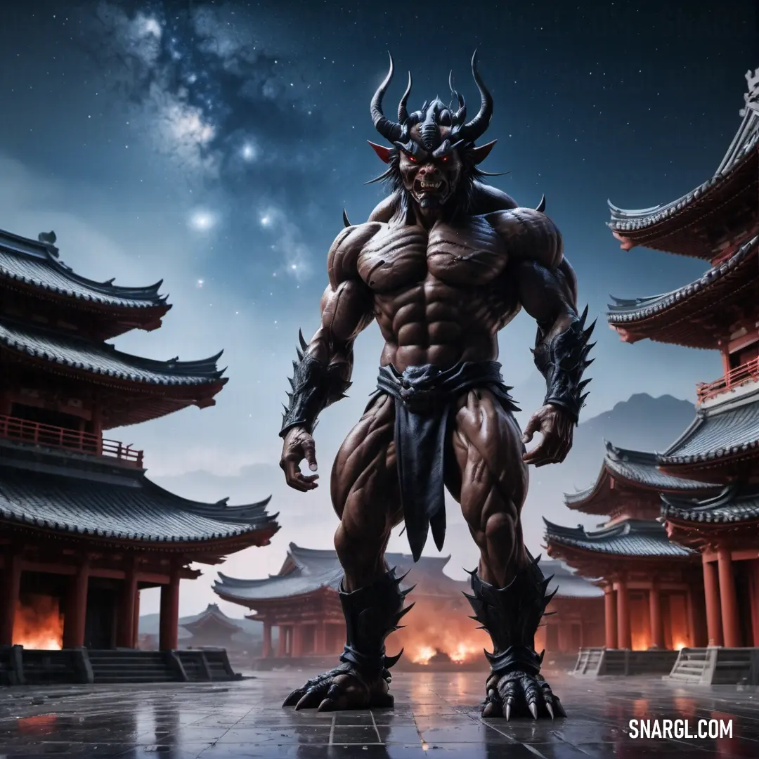 Oni with a horned face and body standing in front of a building with a sky background