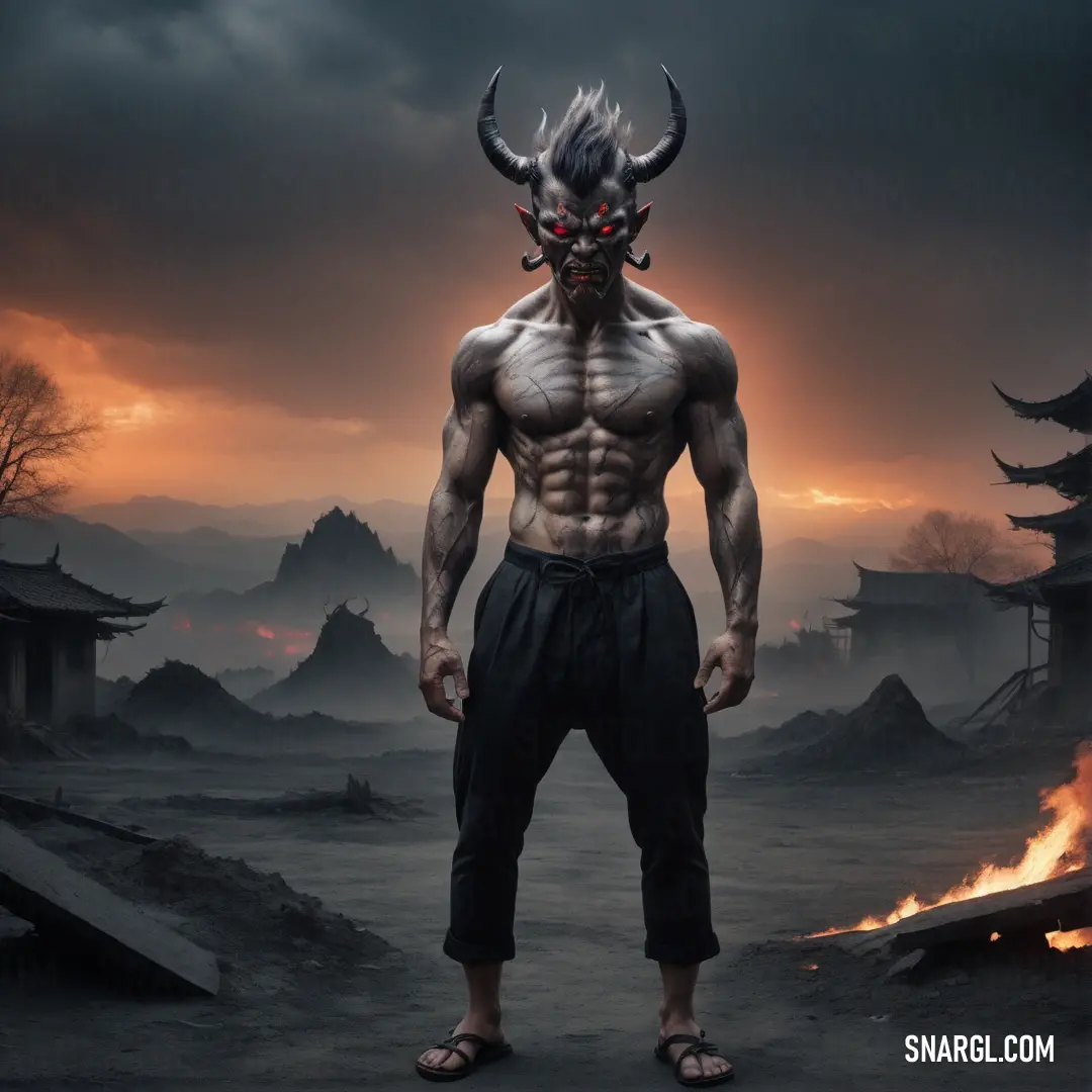 Man with a horned head and a Oni face standing in front of a fire pit with a sky background