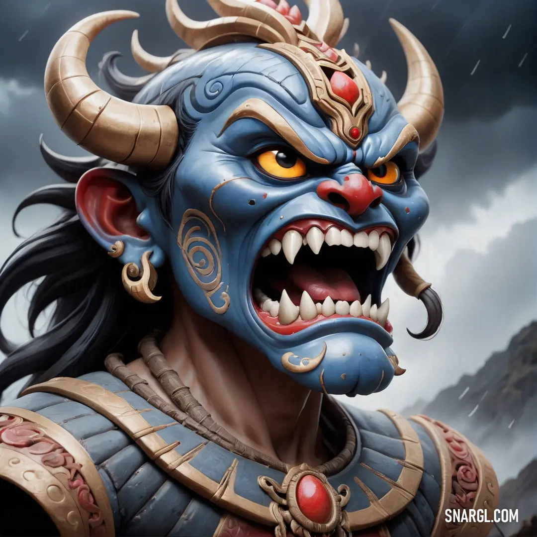Painting of a Oni with a blue face and horns on it's head and a red nose
