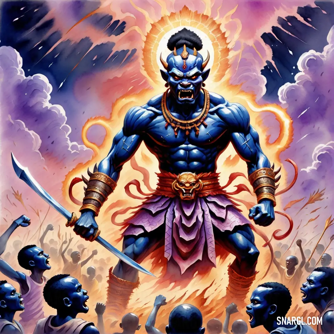 Painting of a Oni with a sword in his hand and a crowd of people around him in the background