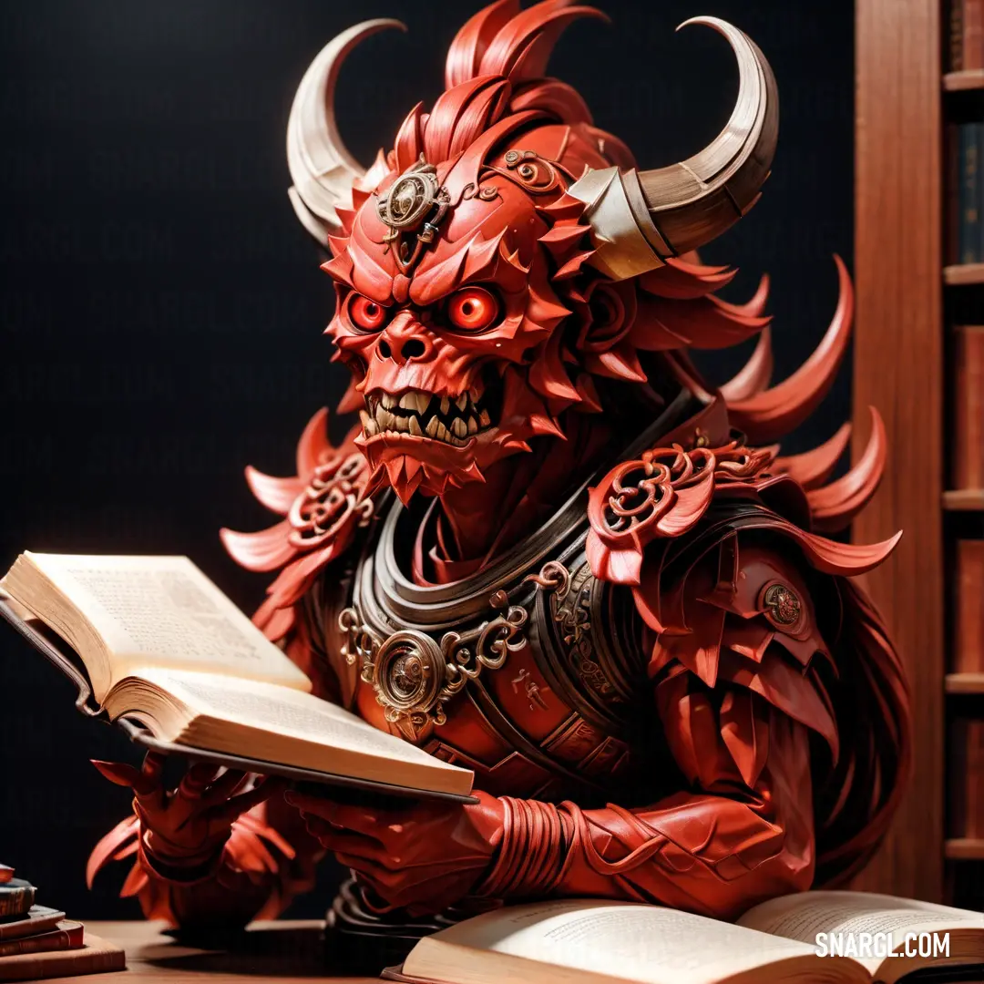 Red Oni statue on top of a desk next to a book and a book case