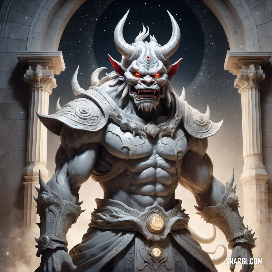 Statue of a Oni with horns and a huge head and a huge body of hair