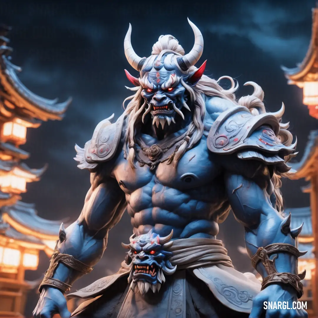 Statue of a Oni with horns and a Oni face on it's chest