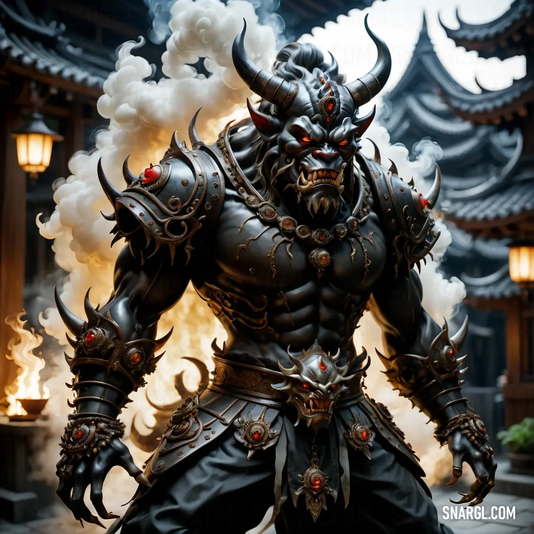 Statue of a Oni with a huge head and horns on it's face and a large body of smoke coming out of his mouth