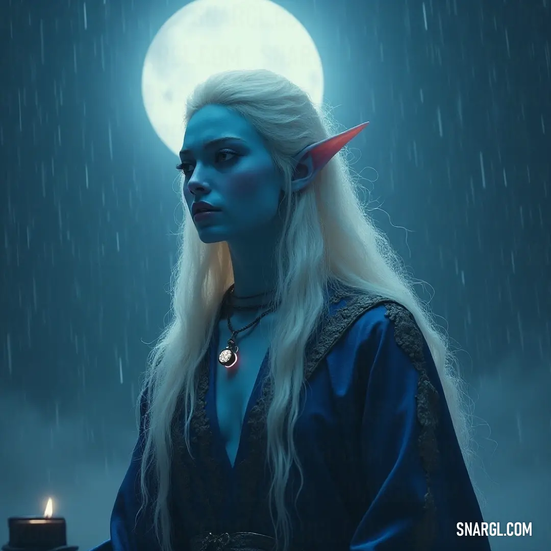 Bathed in moonlight, a figure with a blue face and white hair stands resolutely, clutching a candle, the rain cascading around her as she embraces the magic of the night.