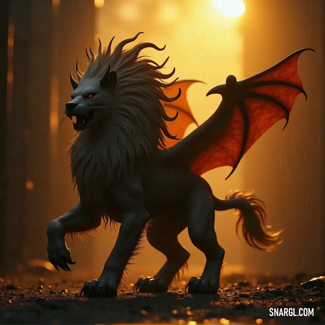 An Onyx Manticore, with a striking red tail and dark face, stands in the rain with its wings spread wide. The heavy raindrops fall around it, creating a dramatic and intense atmosphere.