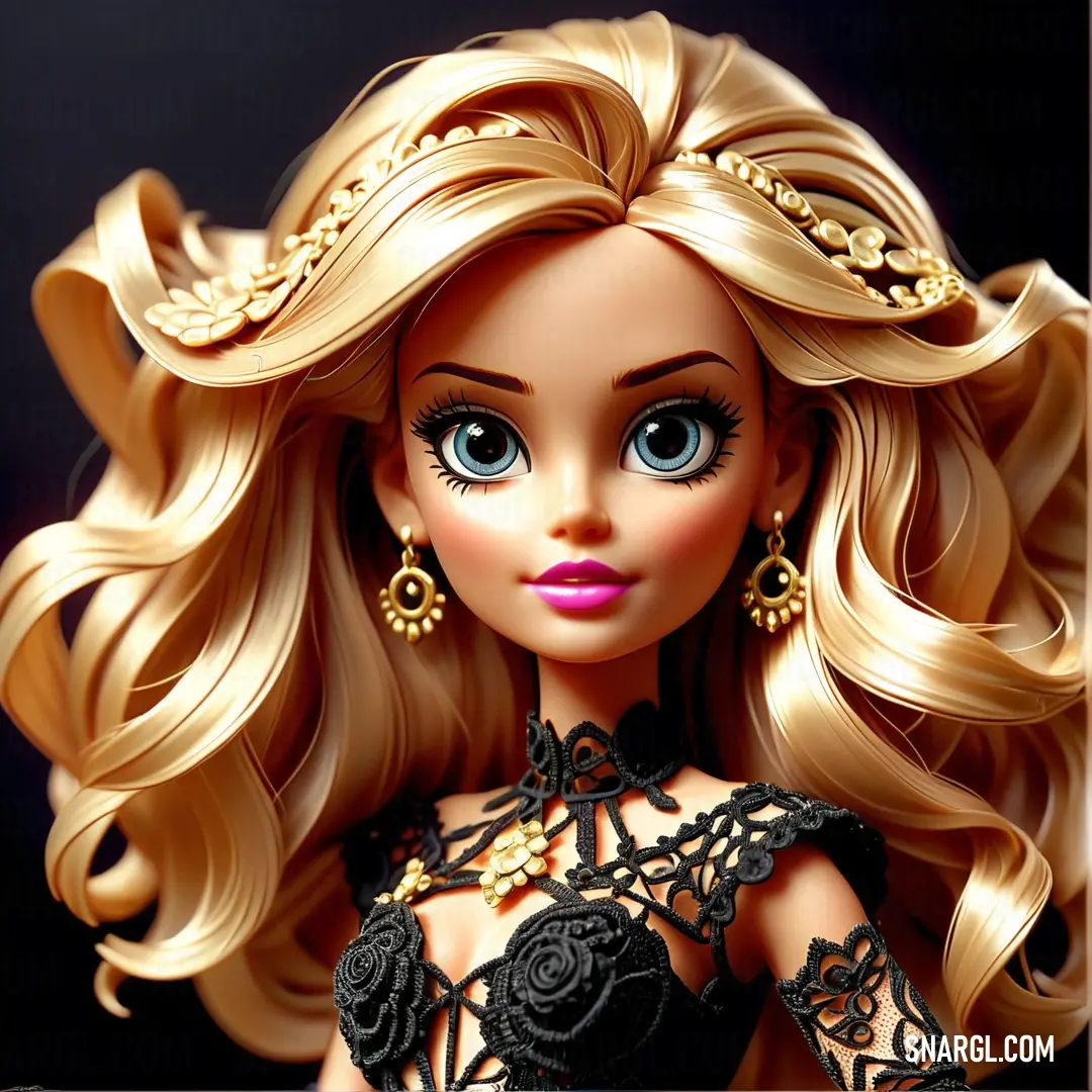 Cute doll with blonde hair and blue eyes wearing a black dress and gold jewelry and a tiara. Example of Onyx color.