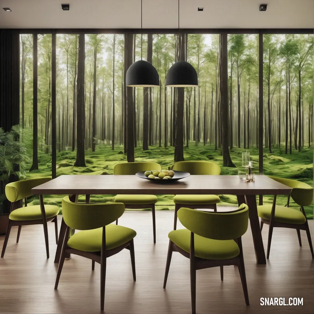 Dining room with a large wall mural of a forest scene and green chairs and a table with a bowl of fruit on it. Example of RGB 15,15,15 color.