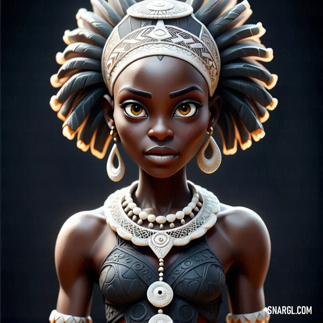 Black woman with a head piece and necklace on her head and a necklace on her neck. Example of Onyx color.