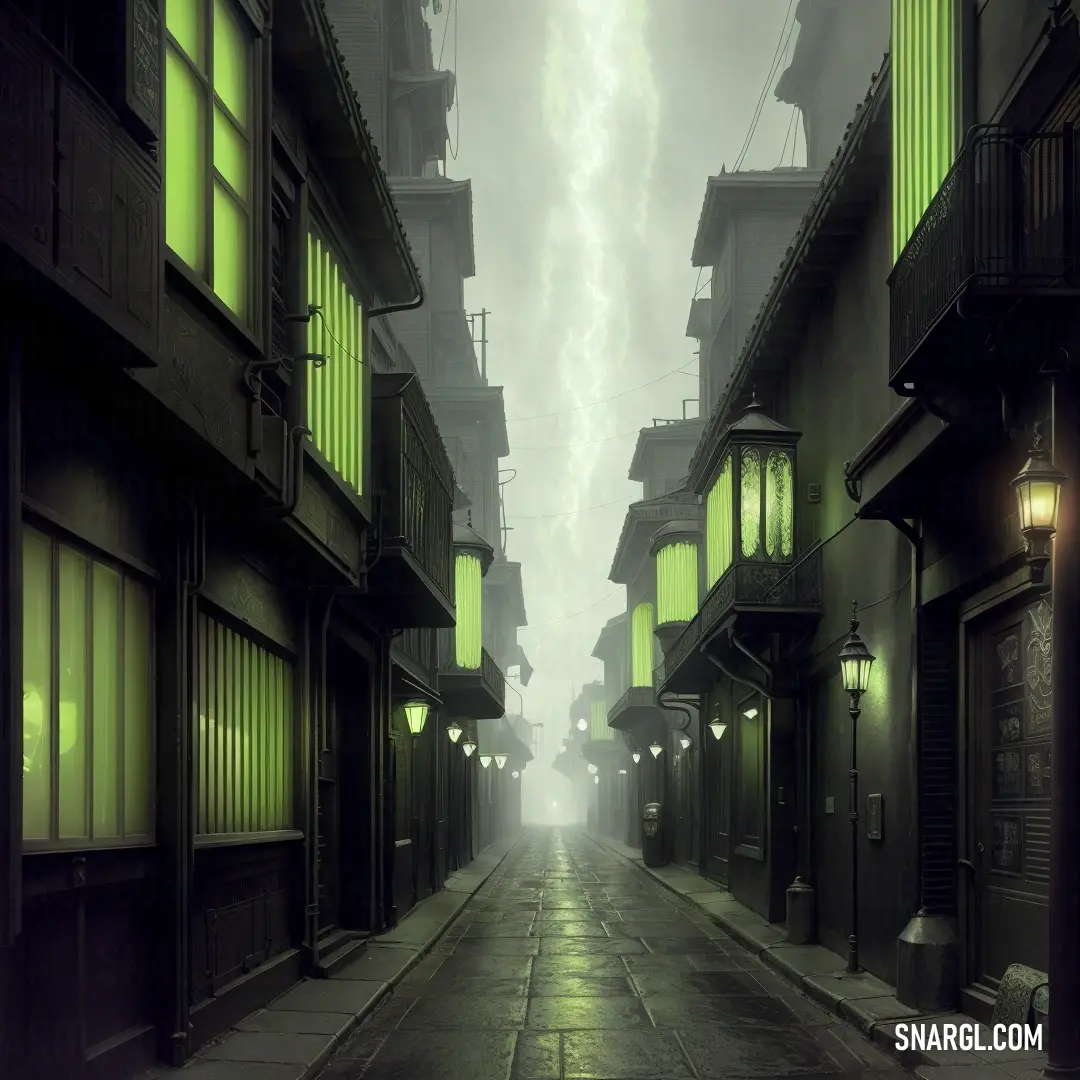 Dark alley way with a green light on the side of it. Example of #0F0F0F color.
