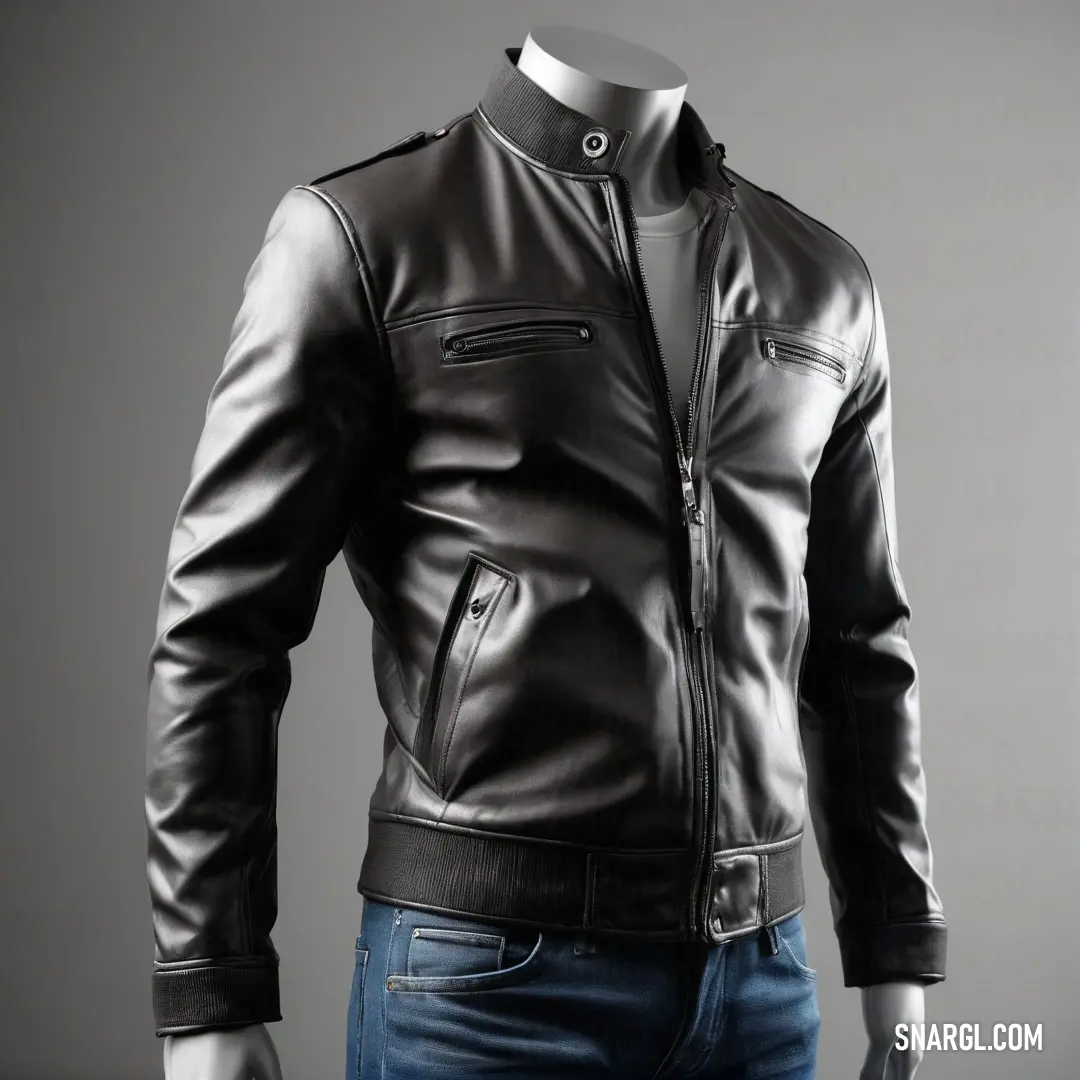 Man in a leather jacket is standing up with his hands in his pockets. Example of Onyx color.
