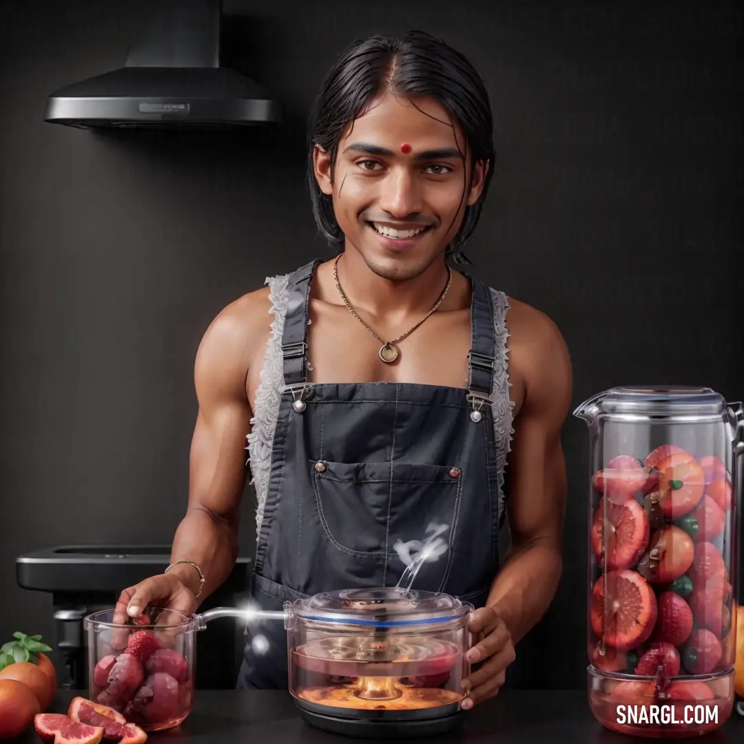Man in an apron is making a fruit smoothie in a blender and a blender. Example of RGB 15,15,15 color.