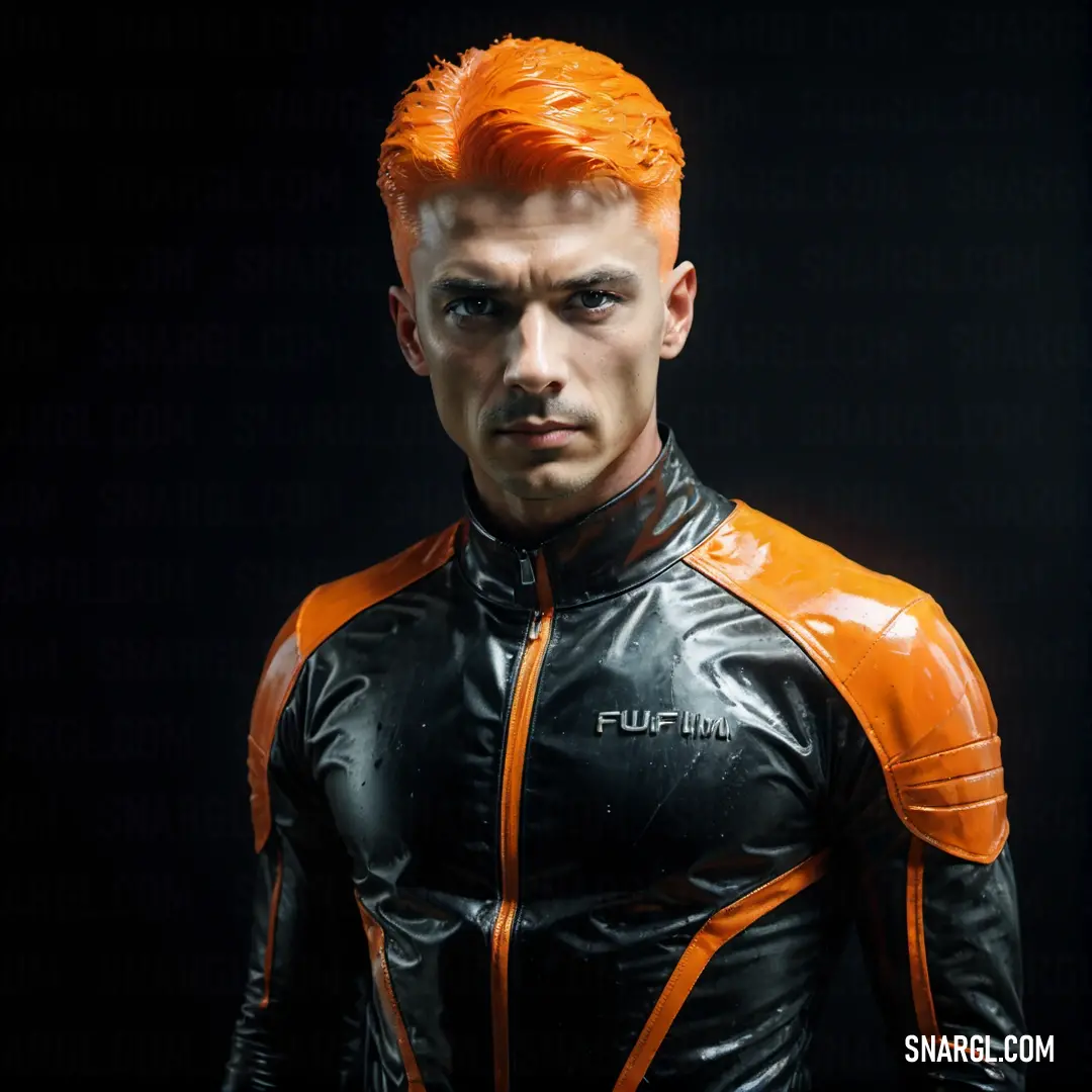 Onyx color. Man with orange hair wearing a black leather suit and orange gloves on his chest