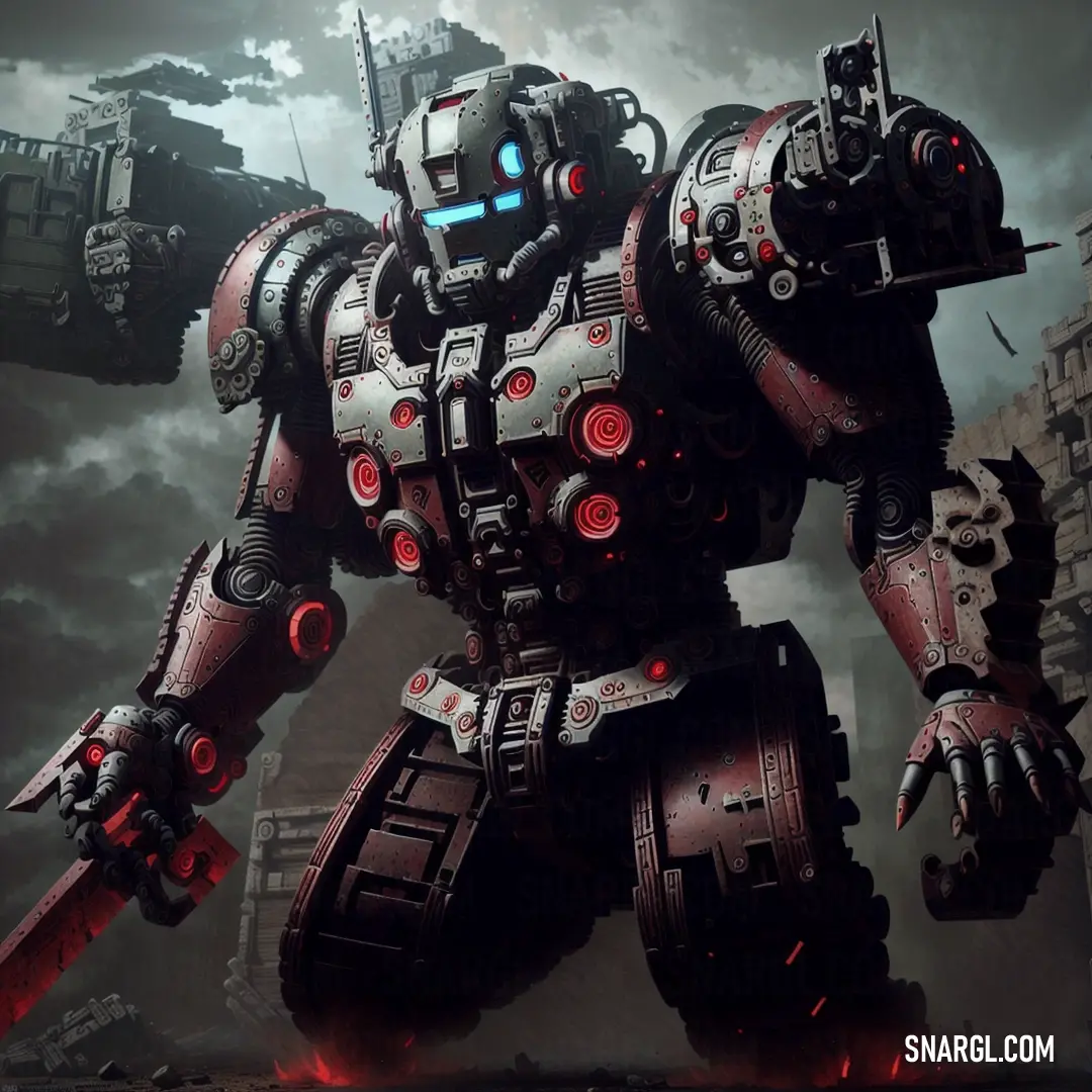 Robot with a huge gun in his hand and a huge machine behind him in a dark city with red lights