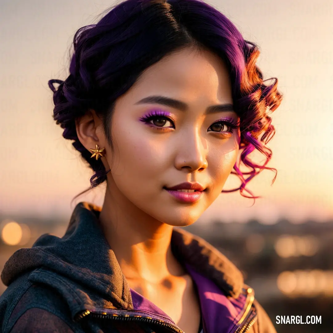 Woman with purple hair and a purple jacket on is looking at the camera with a city in the background. Example of #0F0F0F color.