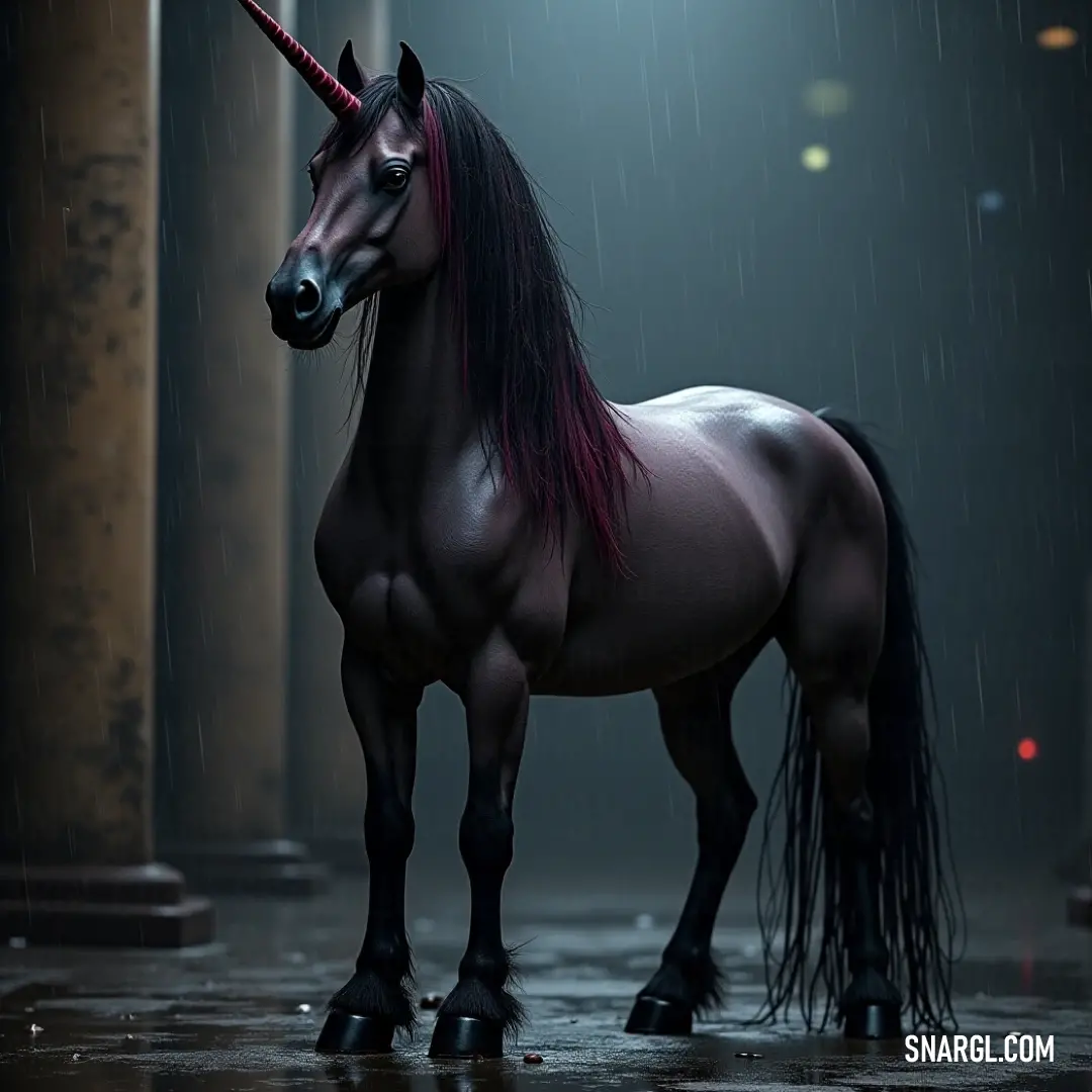 A graceful Opalescent Unicorn standing in the rain, its red horn symbolizing elegance amid nature's refreshing tears. An elegant Opalescent Unicorn with a cascading mane stands gracefully in a gentle rain, its radiant red horn twinkling as it embodies a tranquil moment of beauty amidst the enchanting drizzles of nature.