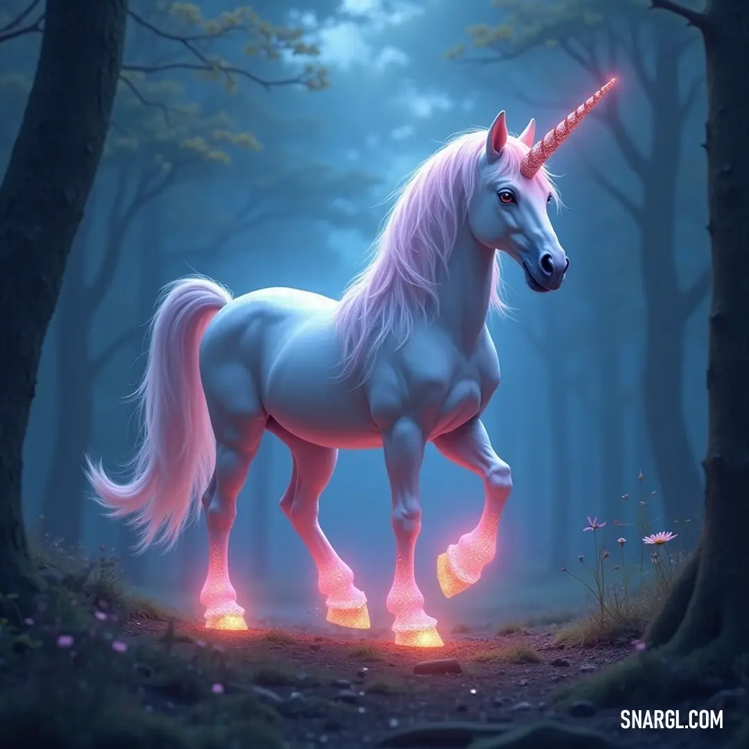 Illuminated by the soft glow of evening light, the Opalescent Unicorn with a pink mane stands gracefully among towering trees and blooming flowers, a divine presence in the enchanting forest at night.