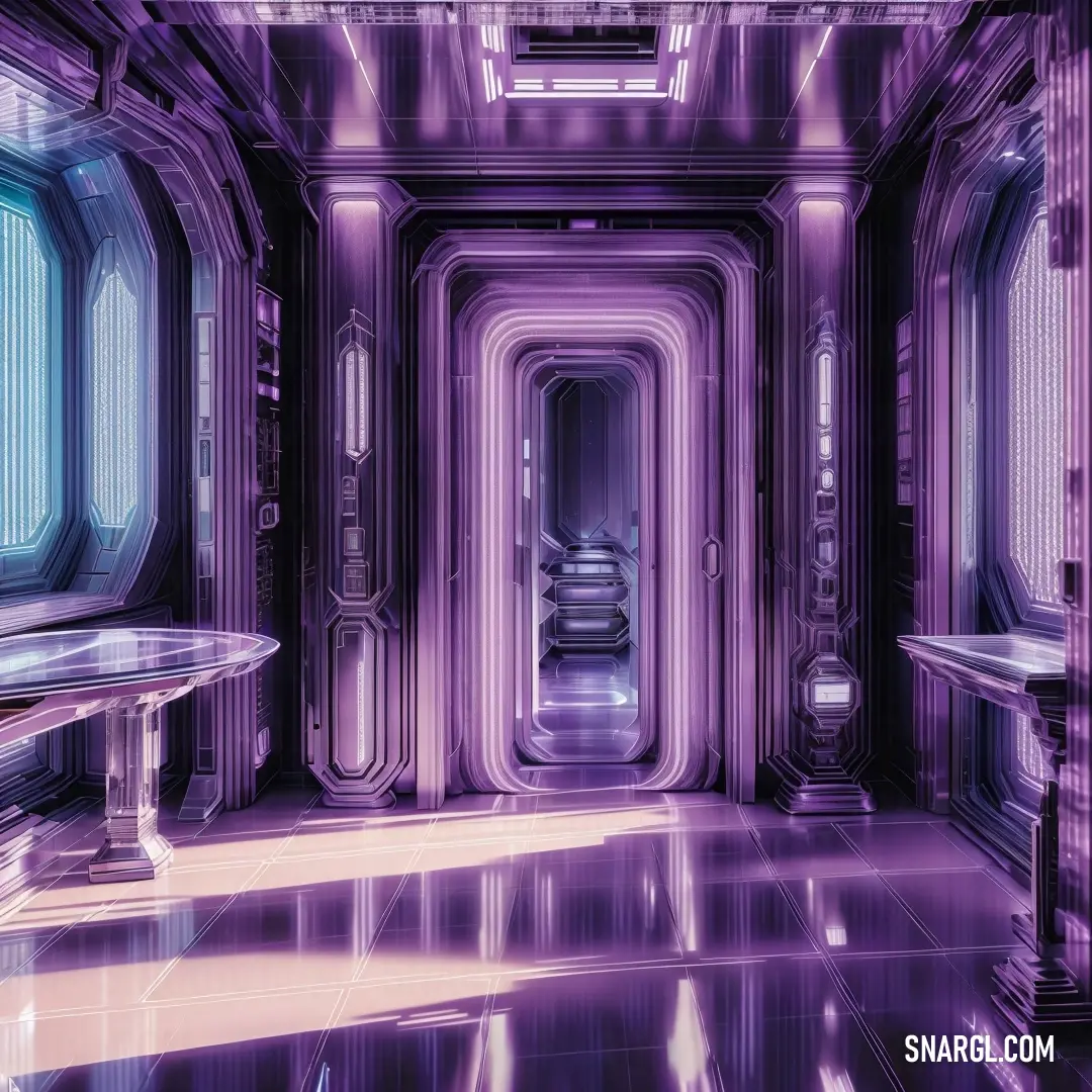Futuristic hallway with a long table and benches in it and a purple light coming from the ceiling and the walls