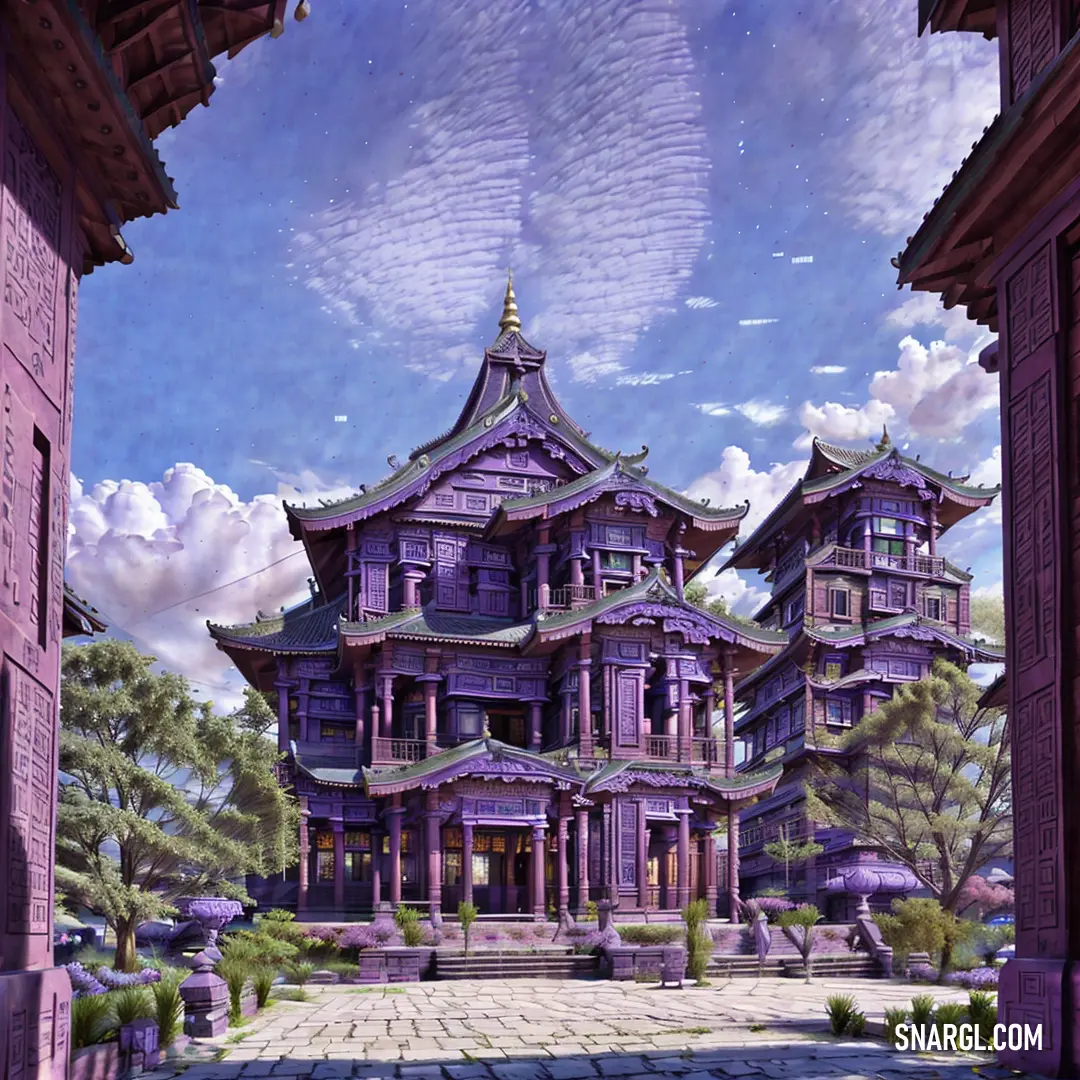 Large purple building with a sky background and clouds in the sky above it and a walkway leading to it