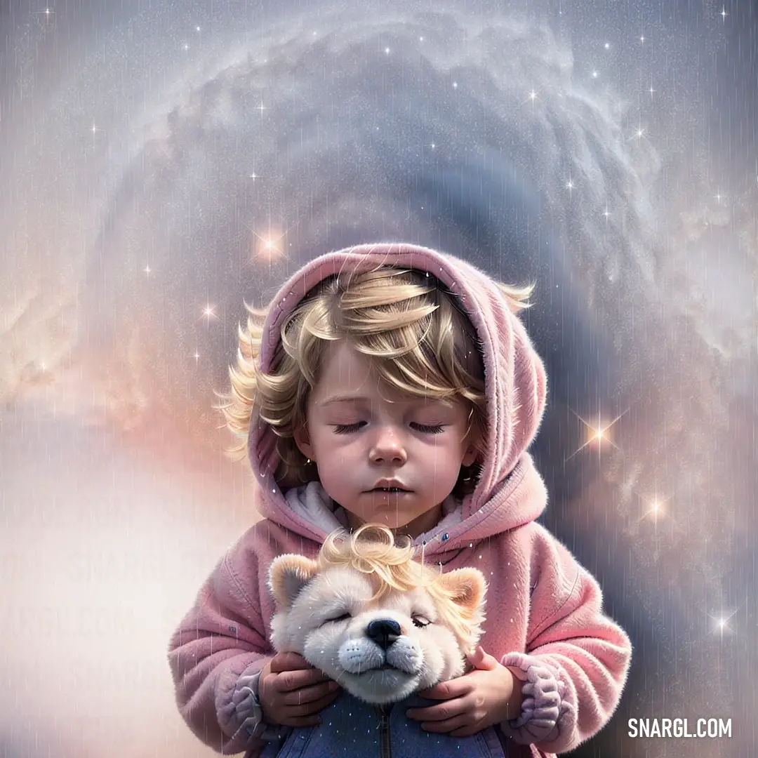 Little girl holding a teddy bear in her arms in front of a painting of a dog and a space background