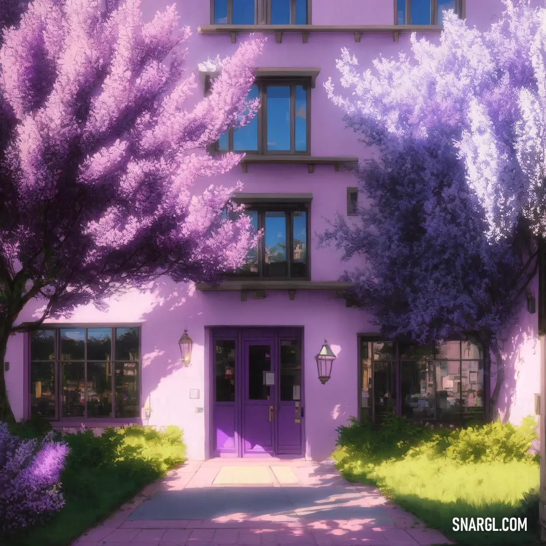 Purple building with a purple door and trees in front of it