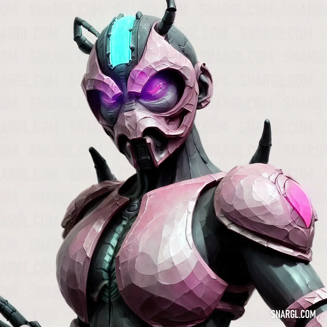 Stylized image of a demonic looking robot with purple eyes and horns