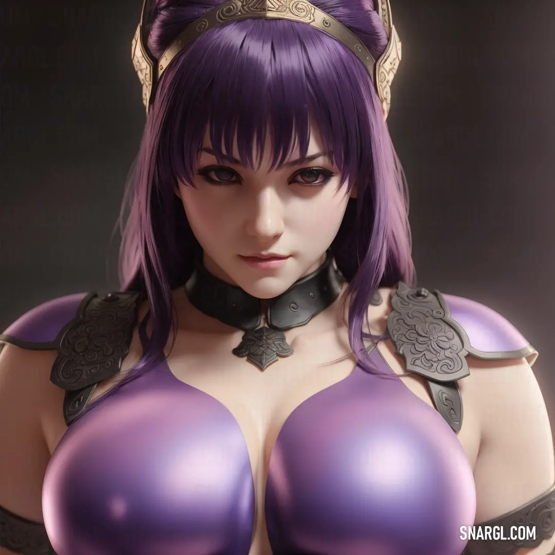 Very pretty girl with big breast and purple hair wearing a purple outfit and a helmet with a gold buckle