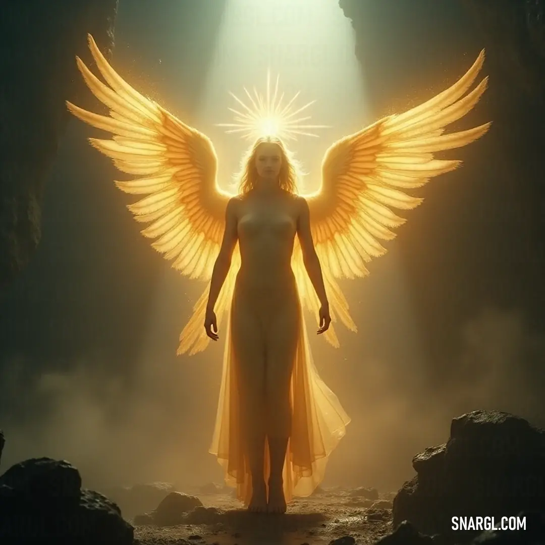 An enchanting Ophanim with radiant angel wings stands majestically in a cave, illuminated by a warm light emanating from her chest, creating an ethereal atmosphere that captures the essence of purity and strength.