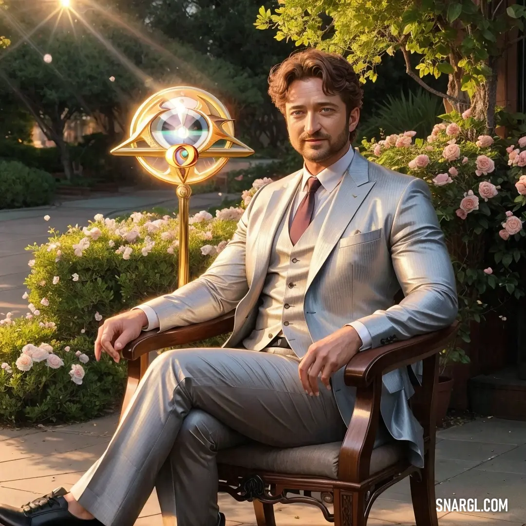 Ophanim in a suit in a chair with a flower garden behind him and a sundial in the background