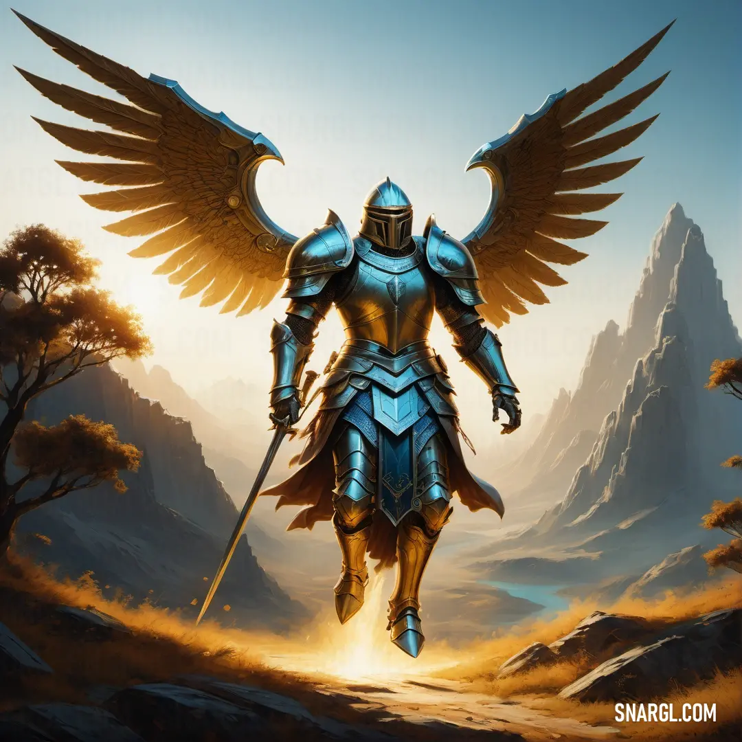 Ophanim in armor with wings and a sword in his hand