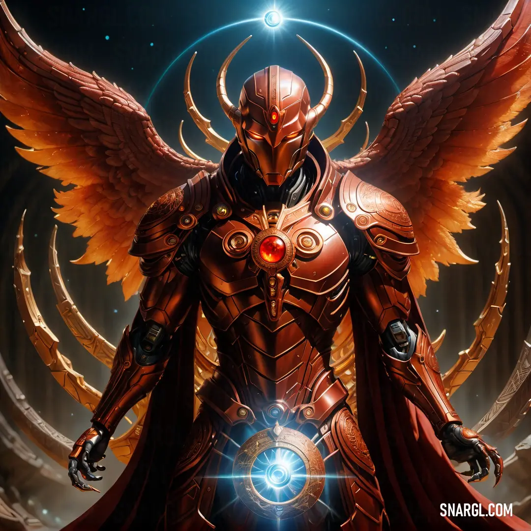Ophanim in armor with wings and a halo around his neck