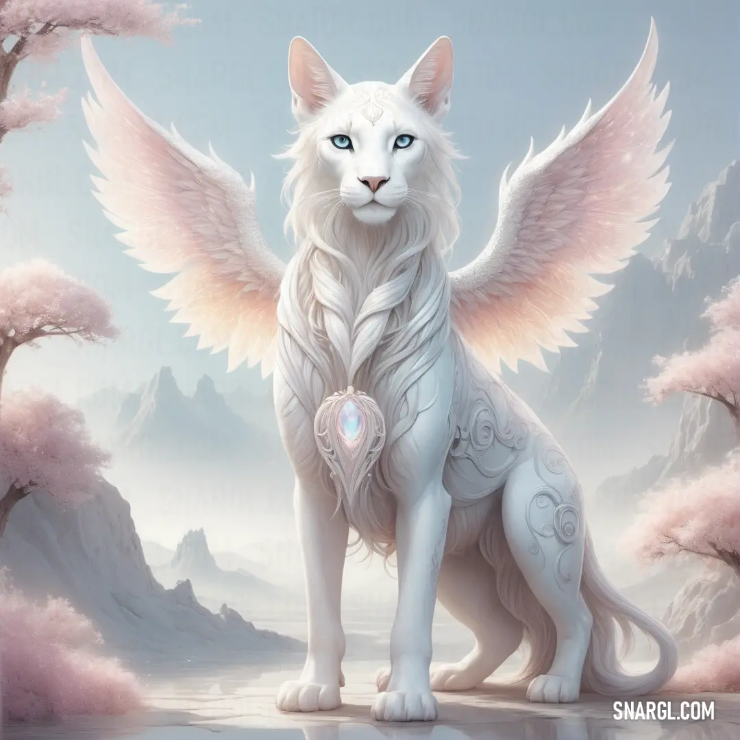 White cat with angel wings on a lake with pink trees in the background