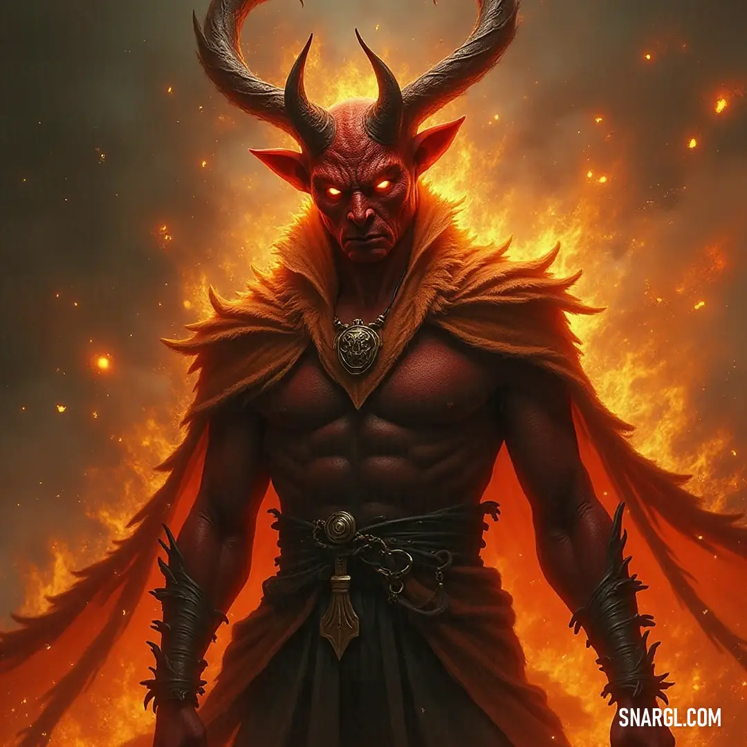 A majestic warrior, crowned with horns and a billowing cape, stands tall against a backdrop of fiery chaos, the skies ablaze with swirling flames, reflecting the tumultuous energy of his formidable presence. A regal figure adorned with horns and a flowing cape stands defiantly against a tumultuous sky, filled with swirling flames and dense smoke, embodying the fury and passion of a world in upheaval.