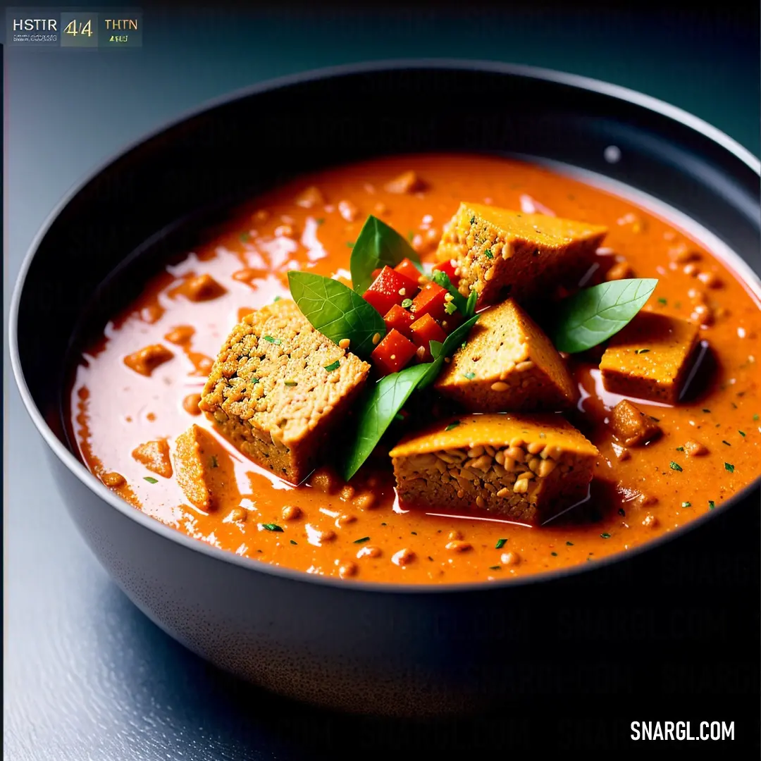 Bowl of soup with tofu and vegetables on top of it