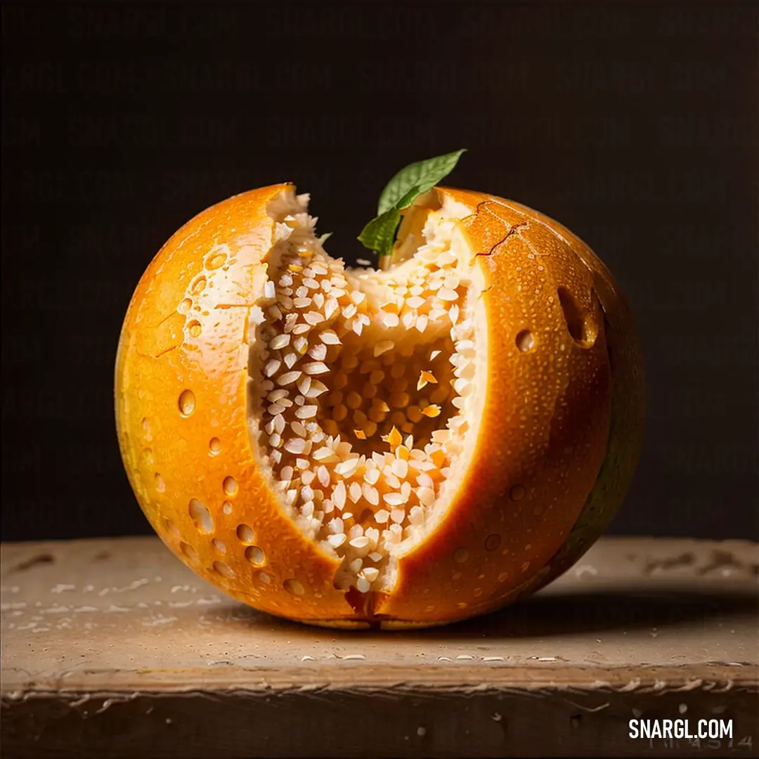 Half eaten orange with seeds and a leaf on it's side, on a wooden surface, with a black background. Example of Orange peel color.