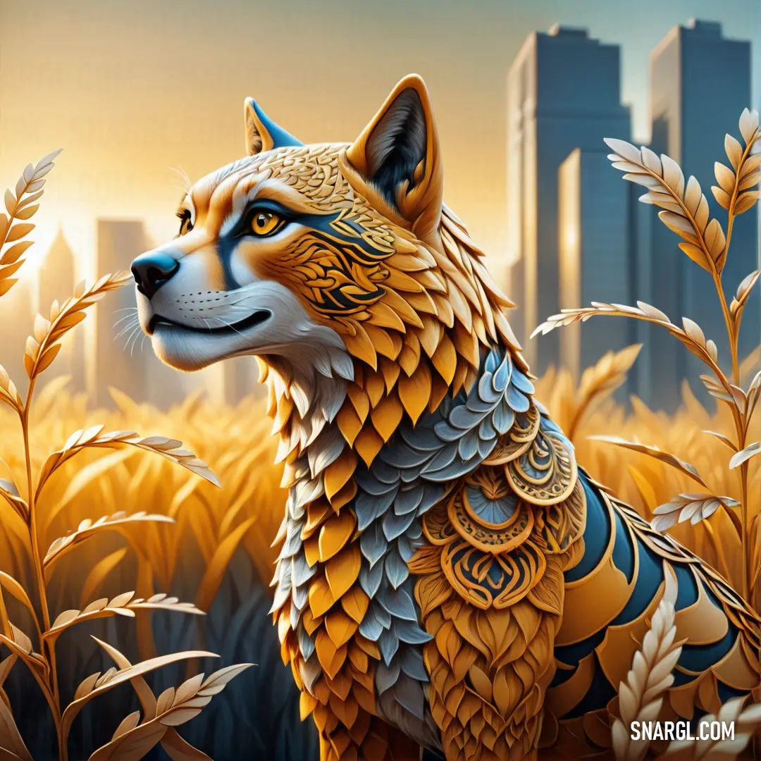 Painting of a fox in a field of wheat with a city in the background. Color Orange peel.