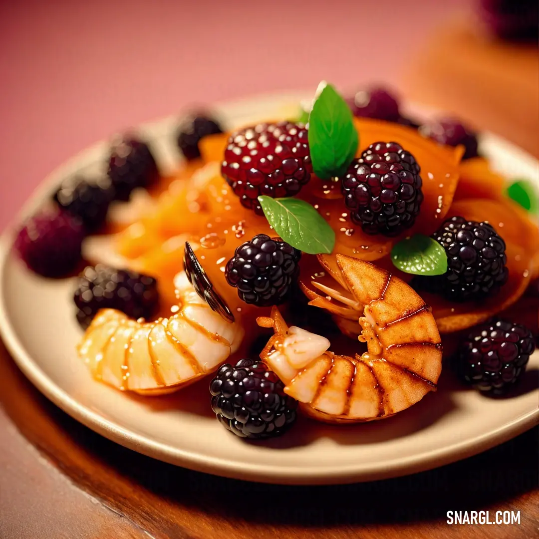 Plate of fruit with a leaf on top of it on a table with a pink background